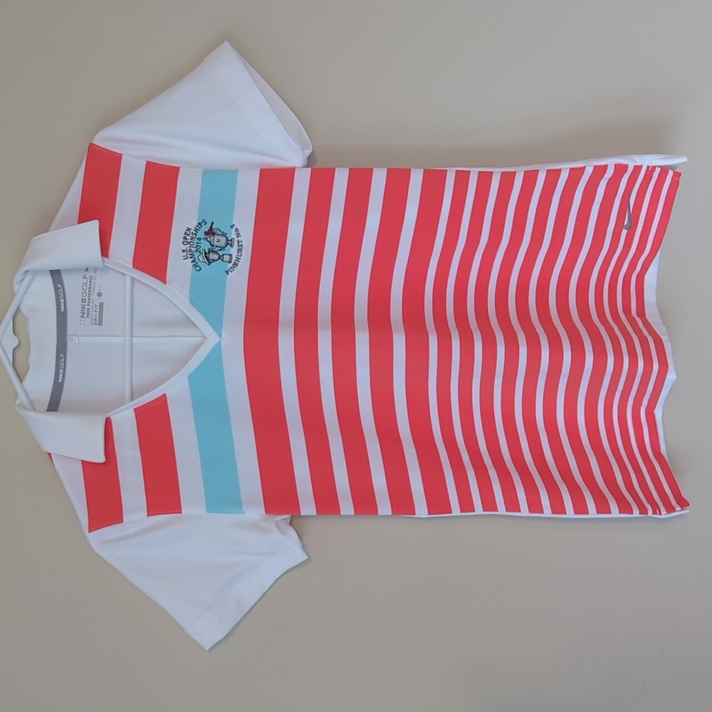 Nike Golf Tour Performance Dri-Fit Stripe Collared Tee Shirt S White Orange/Red